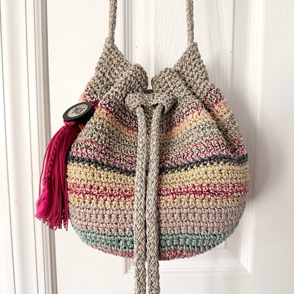 The Sak Multi Stripe Drawstring Bucket Shoulder Crossbody Bag Tassel Fob